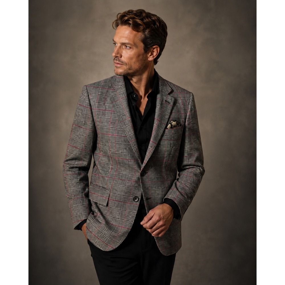 Tallia Mens 44R 100% Wool Blazer Grey Red Glen Plaid Jacket Dinner Dress NWT
